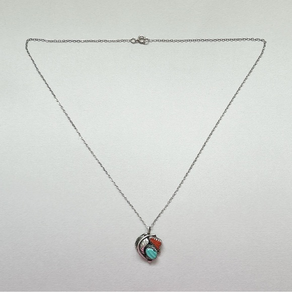 Vintage Southwestern Turquoise Coral Sterling Silver Necklace - Picture 7 of 10